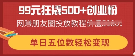 99元狂撬500+创业粉,单日五位数轻松变现,网创朋友圈投放教程-洪烁网创
